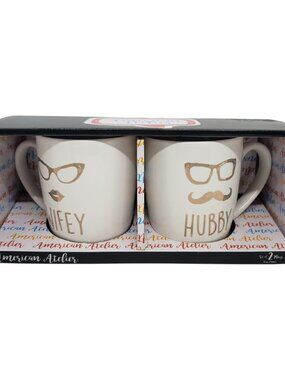 NIB Wifey Hubby Mug Set 15 fl oz Glasses Mustache White Gold Wedding Anniversary